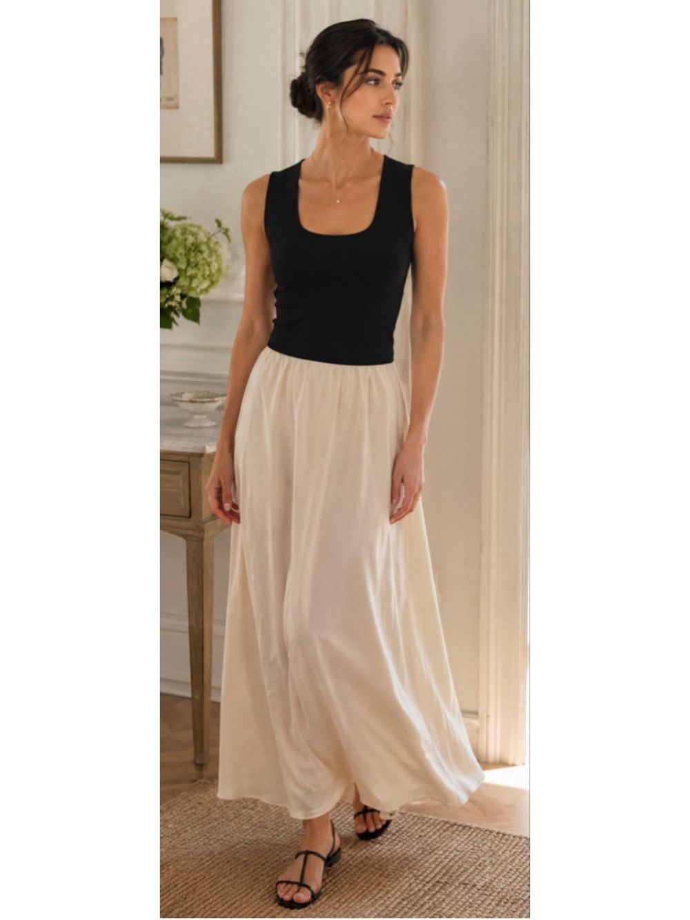 Melloday Maxi Dress Size L Black and Beige Colorblock New Quiet Luxury